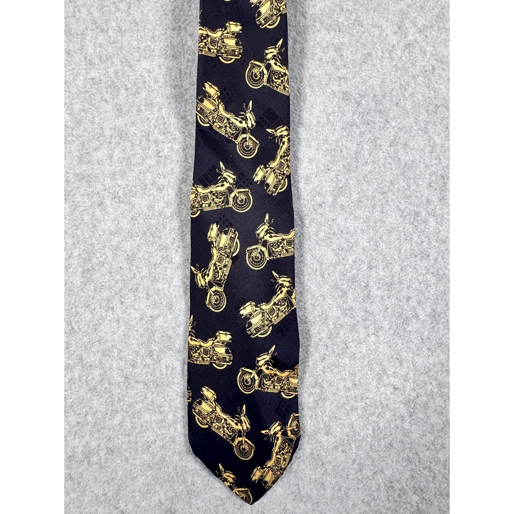 Polo Ralph Lauren Mens Silk Tie Navy Blue Gold Motorcycle Print Made in USA Hand